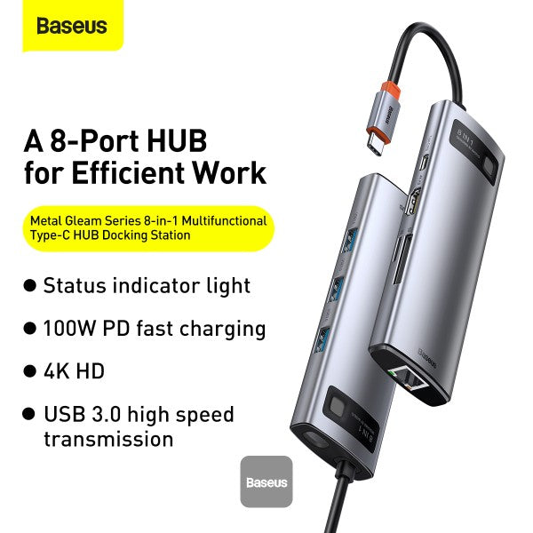 Baseus Metal Gleam Series 8-in-1 Multifunctional Type-C HUB Docking Station - Grey - TrendyGoods
