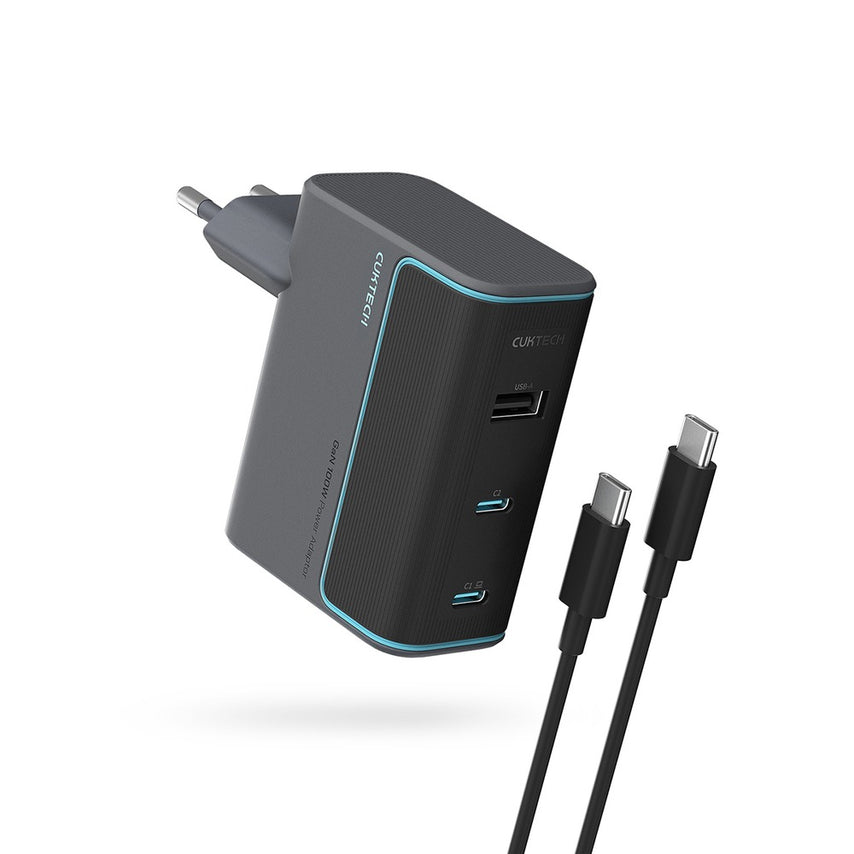 Cuktech GaN 100W Wall Charger | 2x USB-C, 1x USB-A, USB-C Cable, Gray - TrendyGoods