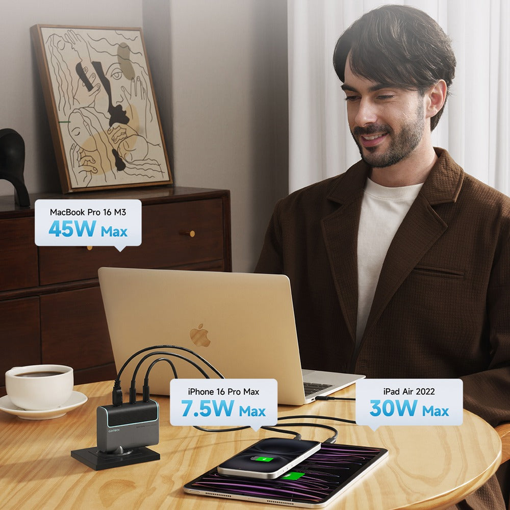 Cuktech GaN 100W Wall Charger | 2x USB-C, 1x USB-A, USB-C Cable, Gray